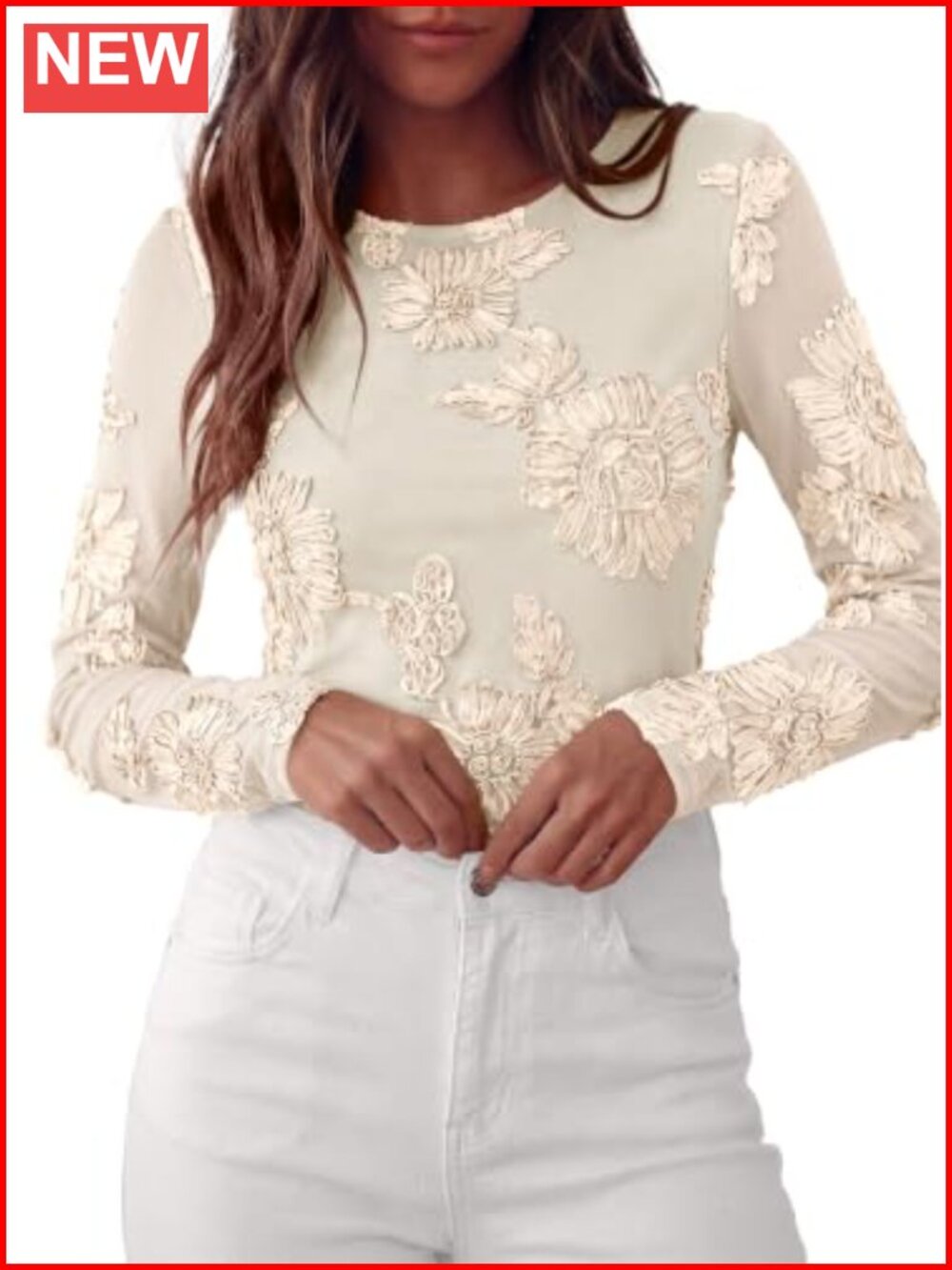 Mesh long sleeve floral embroidered blouse